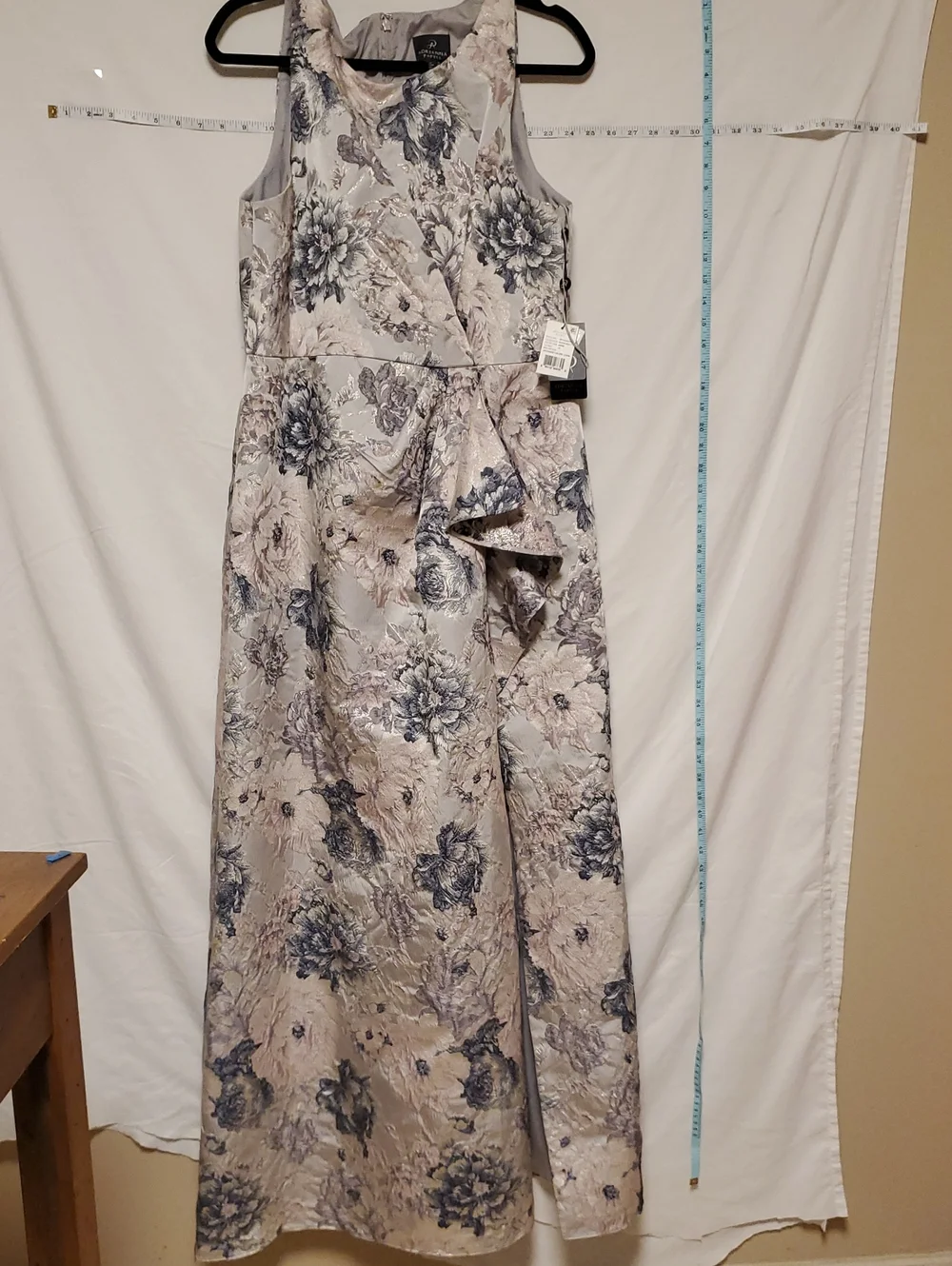 Adrianna Papell Silver Maxi Dress with Navy Floral Jacquard Sz 14